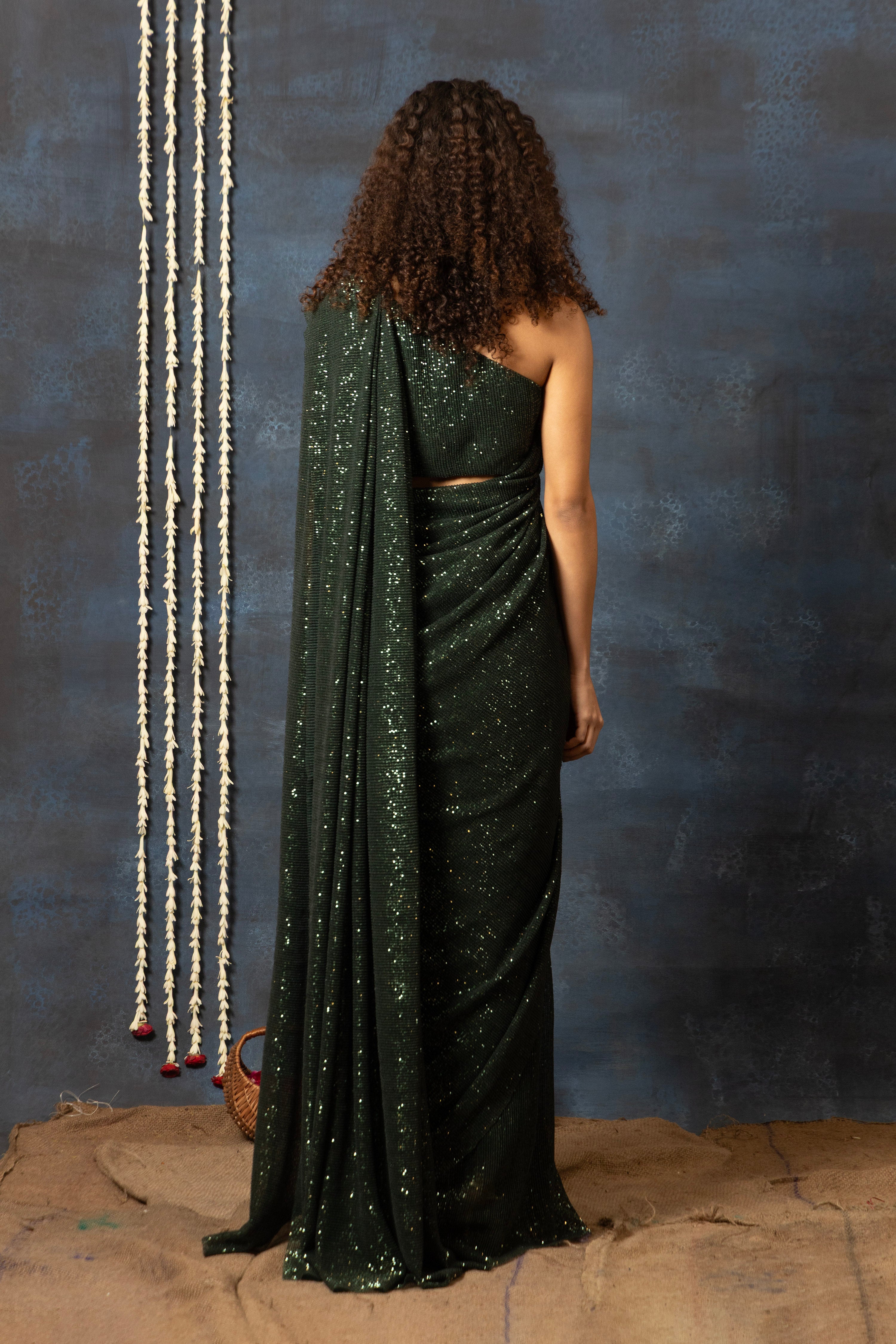 Sequins Saree With One Shoulder Drape Sleeve Blouse