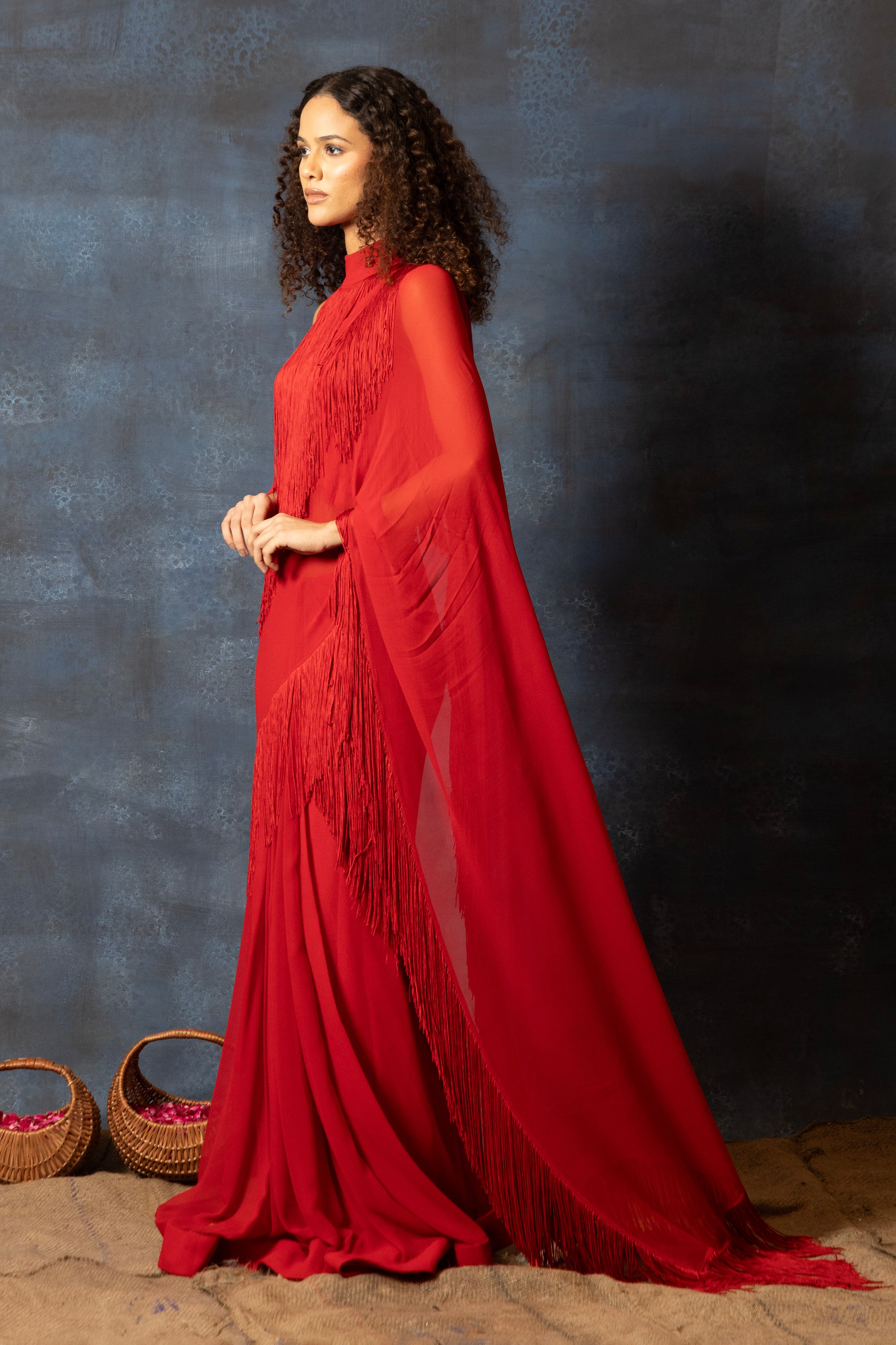 Red Halter Neck Blouse With Fringe Saree