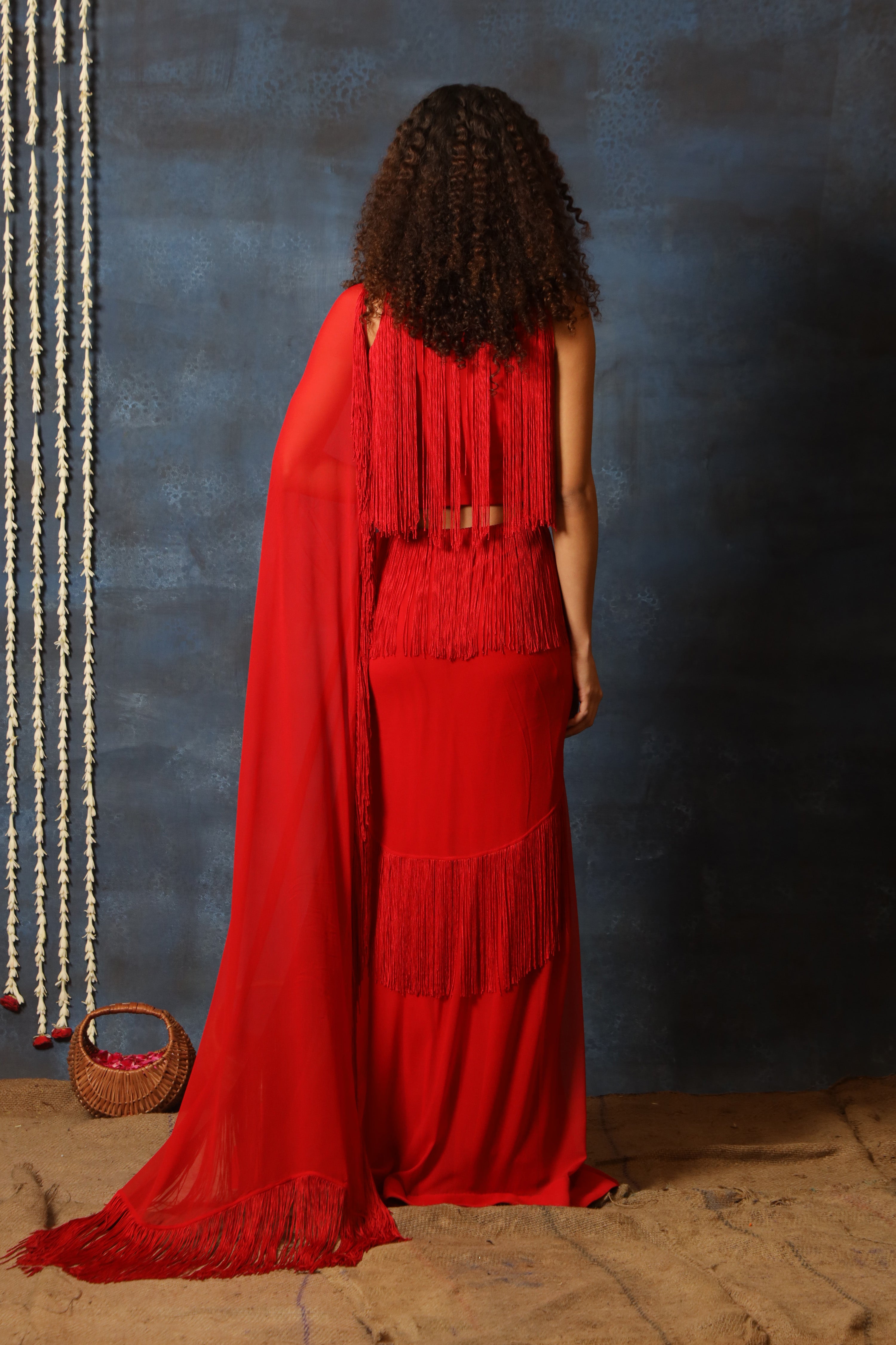 Red Halter Neck Blouse With Fringe Saree