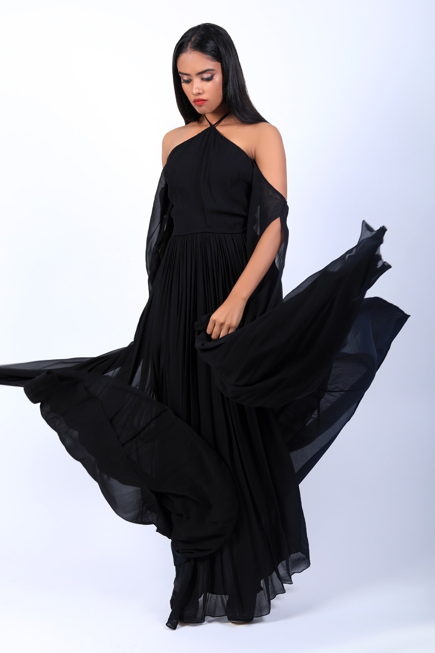 Halter Neck With Cold Shoulder Draped Gown