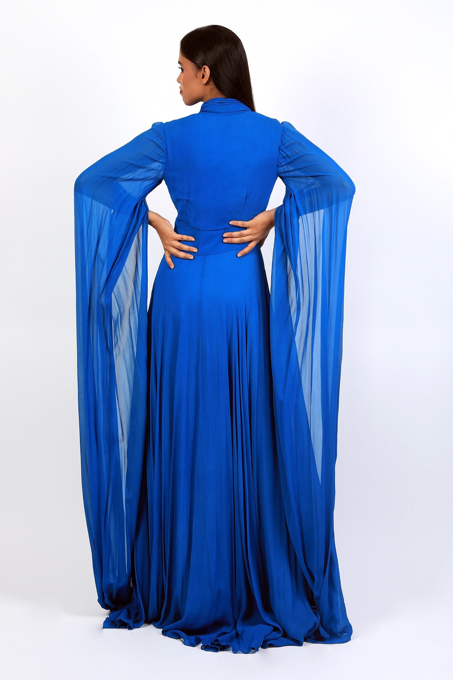 V Fold Neckline Gown With Sleeves Drape