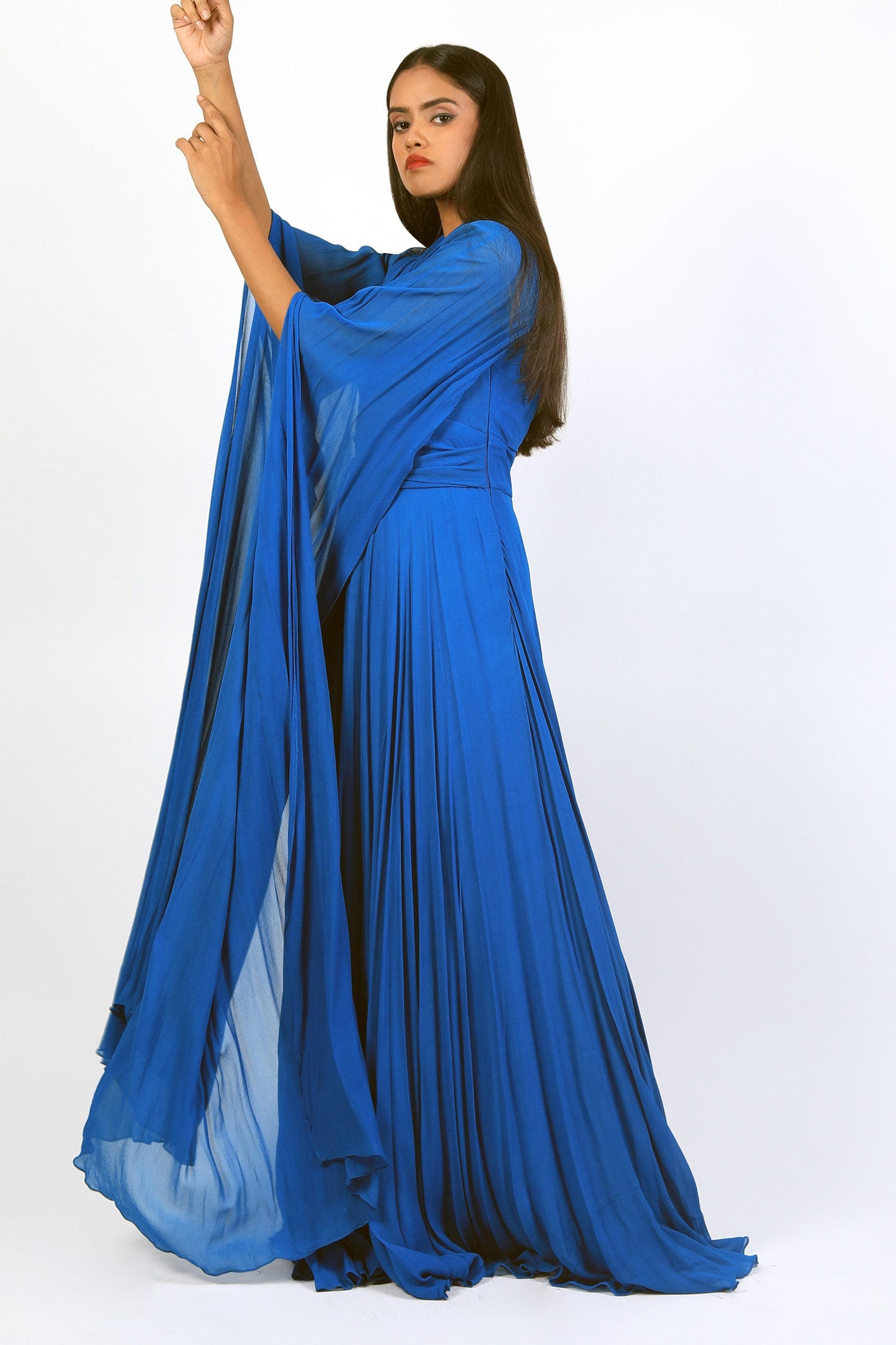 V Fold Neckline Gown With Sleeves Drape