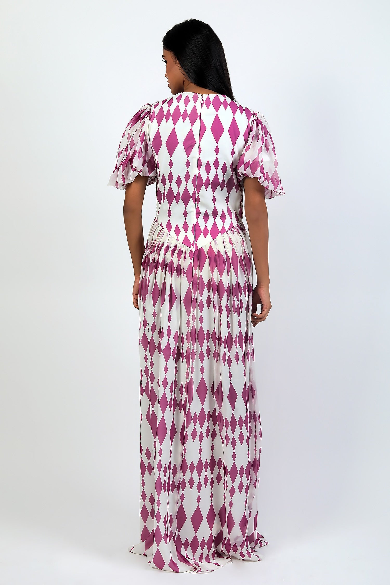Draped Gown With V Waistline And Balloon Sleeves
