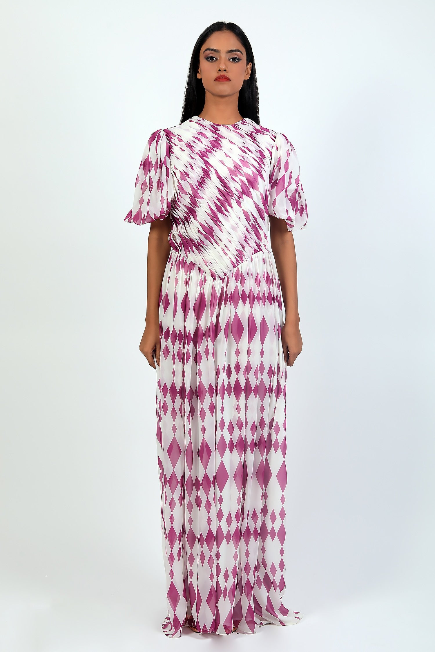 Draped Gown With V Waistline And Balloon Sleeves