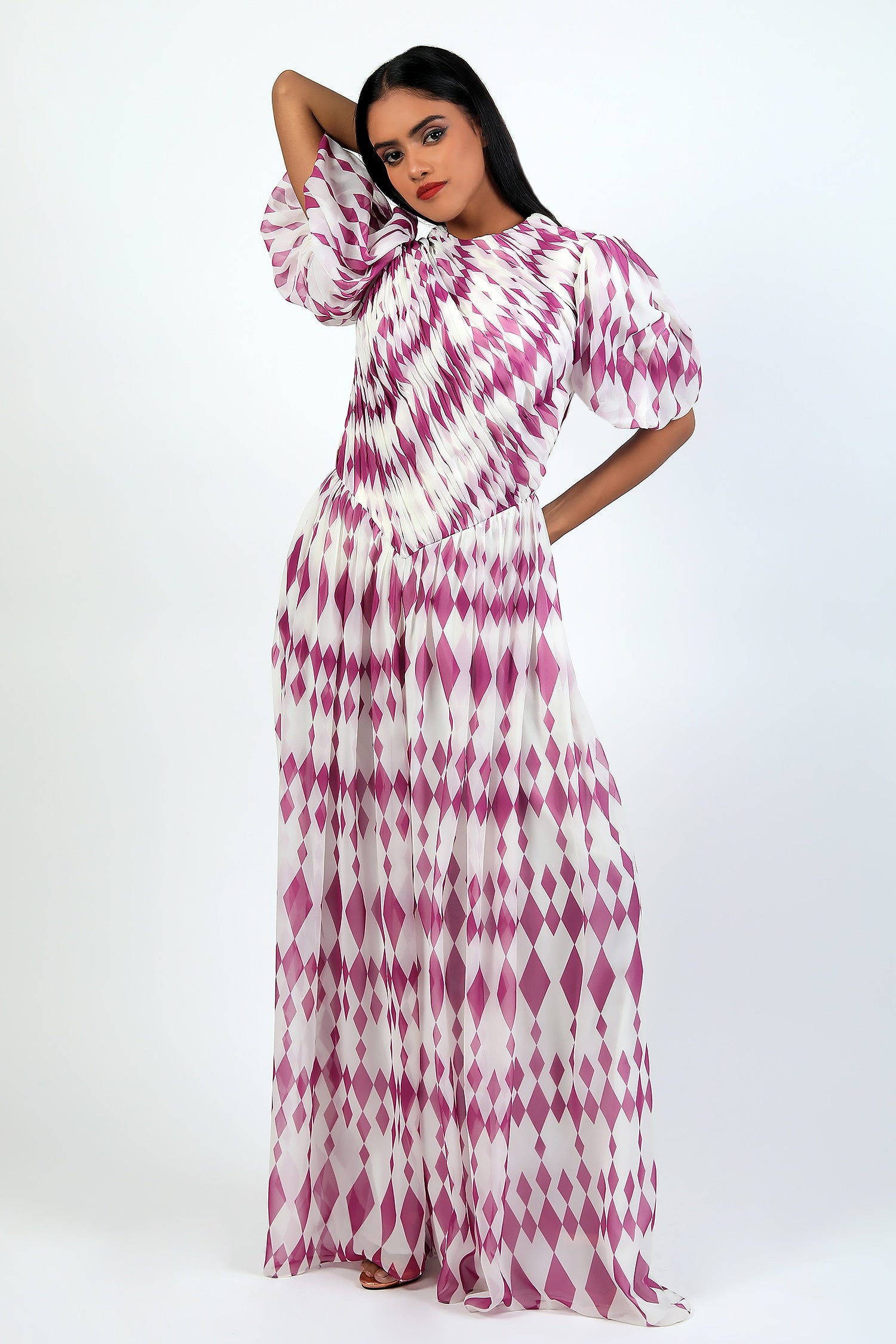 Draped Gown With V Waistline And Balloon Sleeves