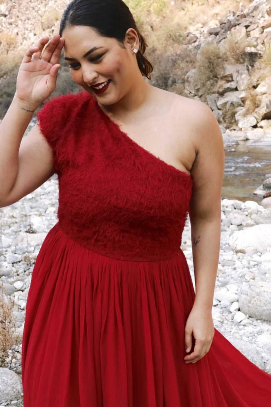 One Shoulder Gown With Fur