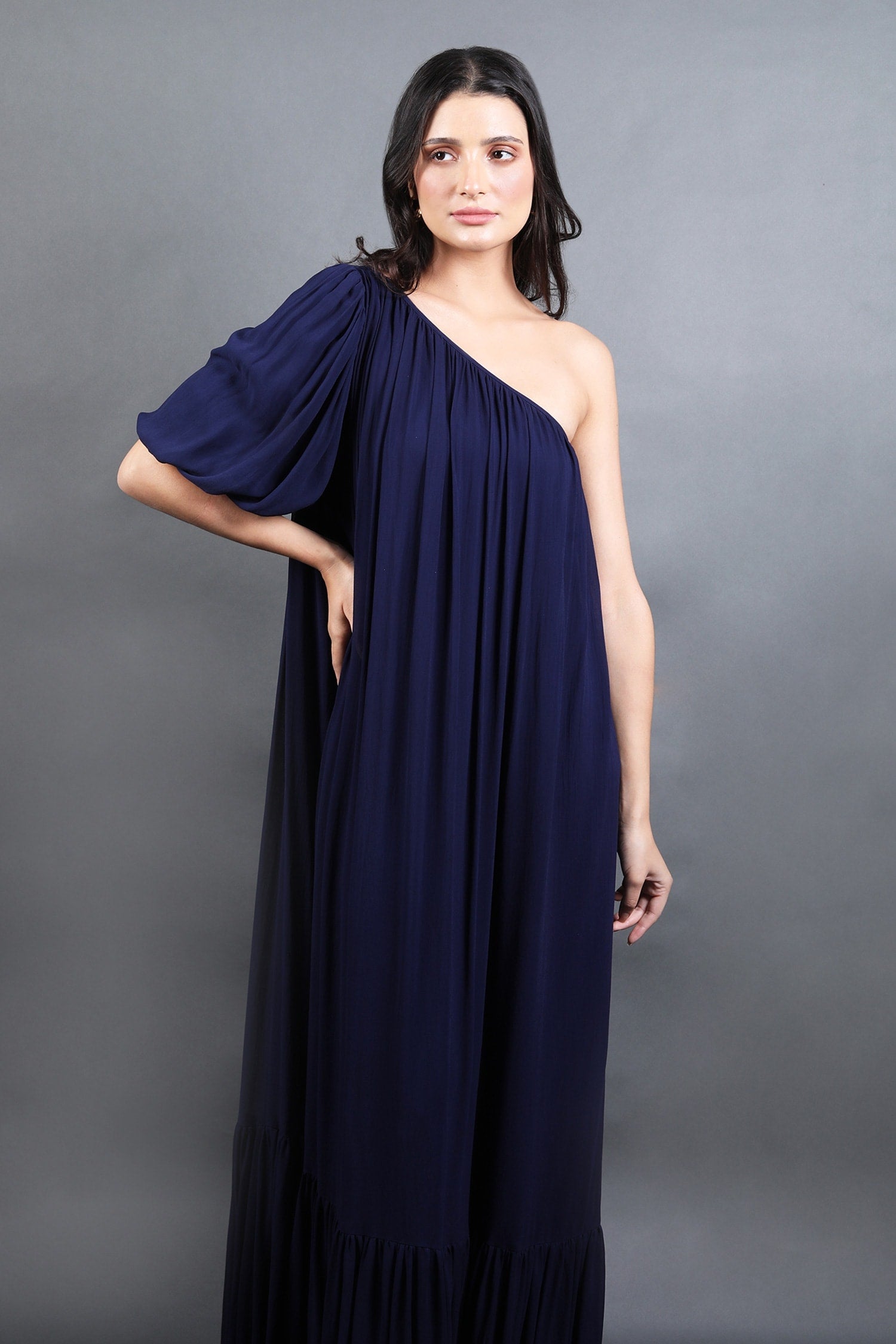 One Shoulder Pleated Hem Maxi