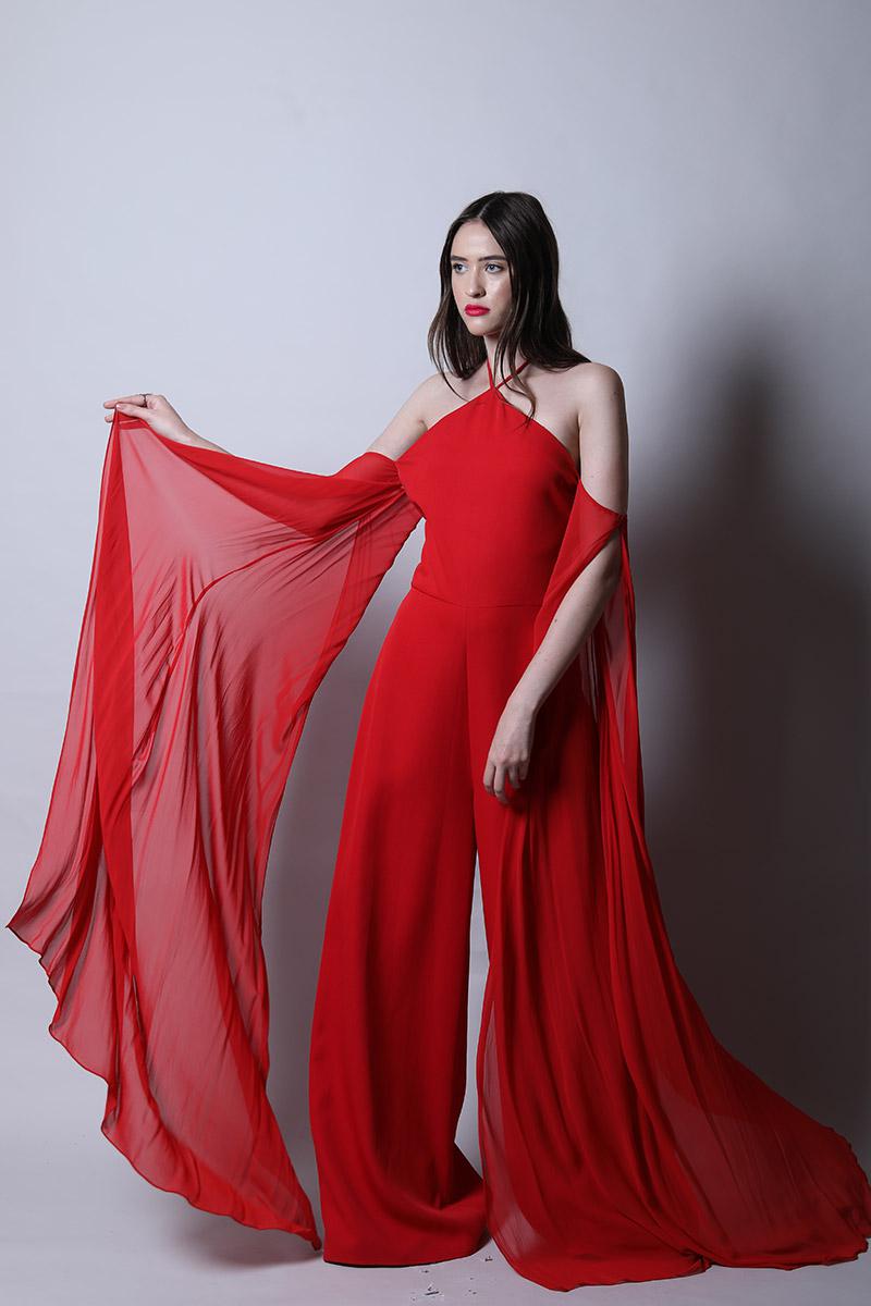 Halter Tie Up Jumpsuit with Draped Sleeves