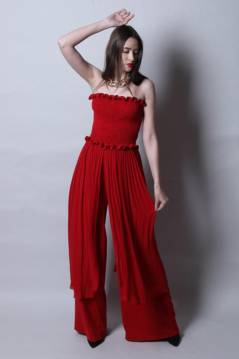 Smocked body jumpsuit with drapes