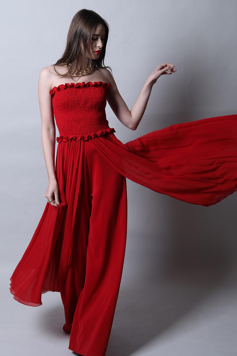 Smocked body jumpsuit with drapes
