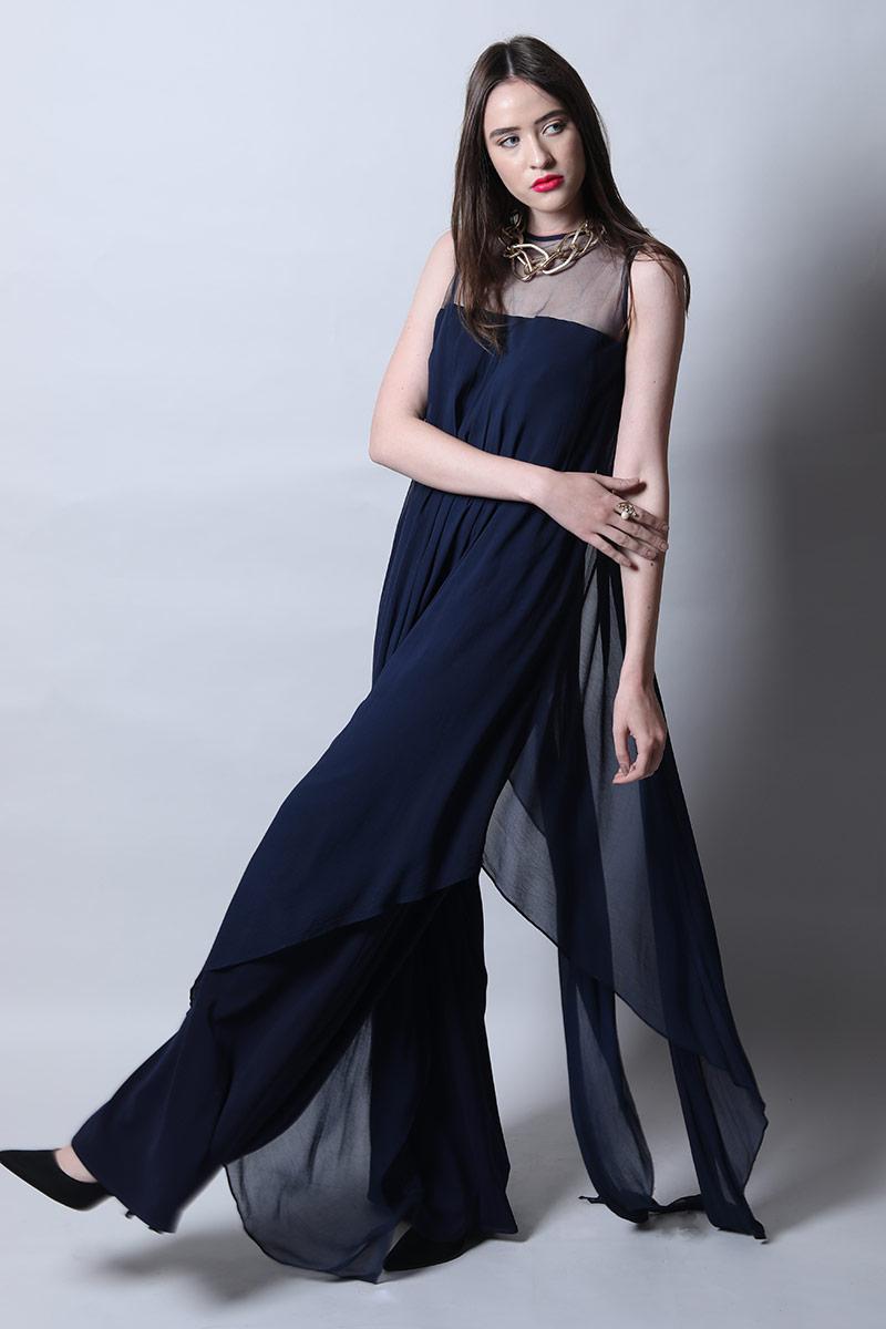 Sheer Neck Jumpsuit With Asymmetric Drape