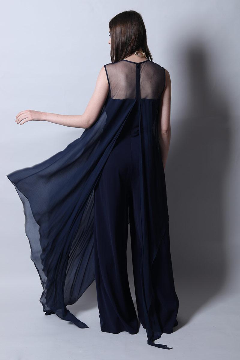 Sheer Neck Jumpsuit With Asymmetric Drape