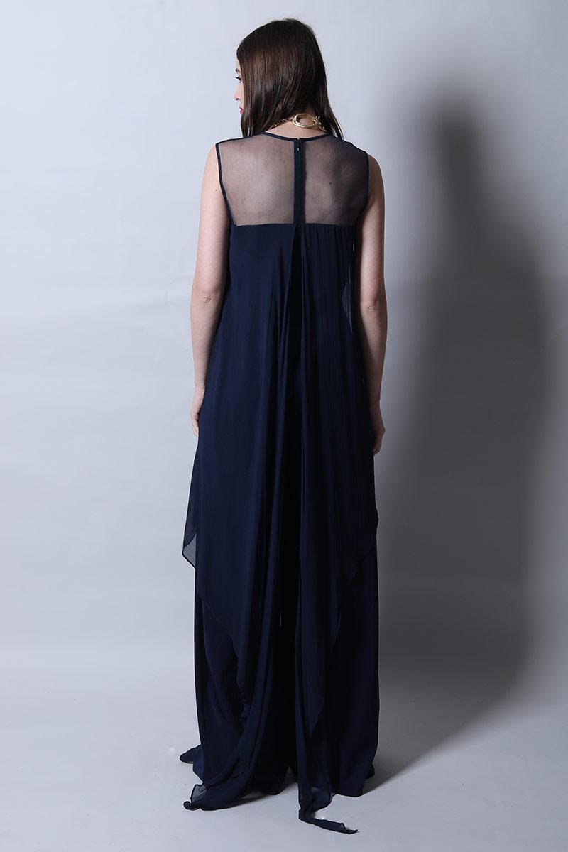 Sheer Neck Jumpsuit With Asymmetric Drape