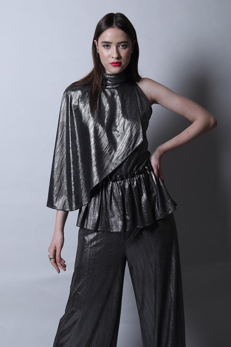 Band Collar Jumpsuit With Cape & Peplum