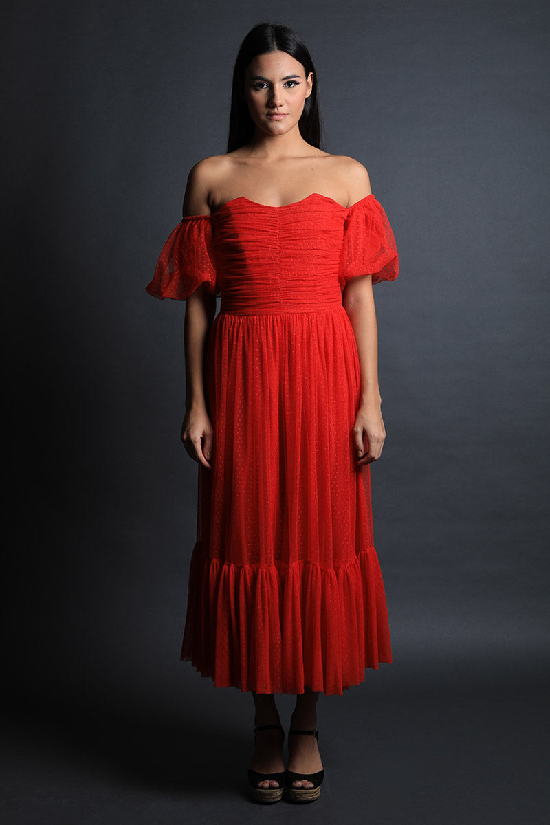 Corseted Polka Lace Dress with off Shoulder Puff Sleeves