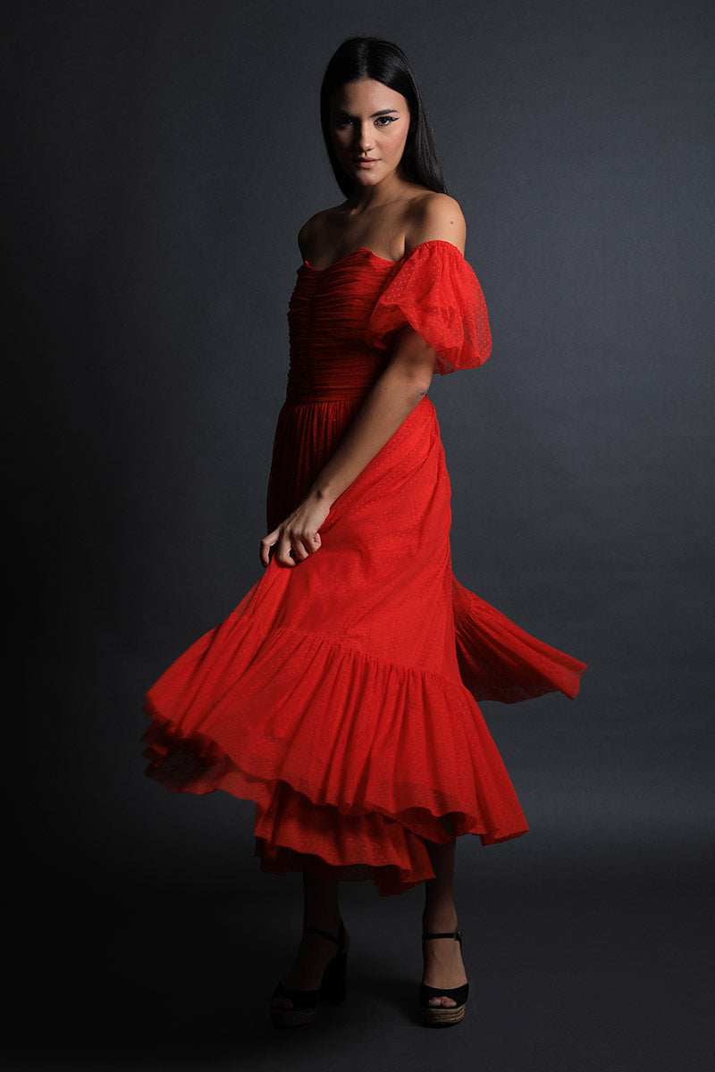 Corseted Polka Lace Dress with off Shoulder Puff Sleeves
