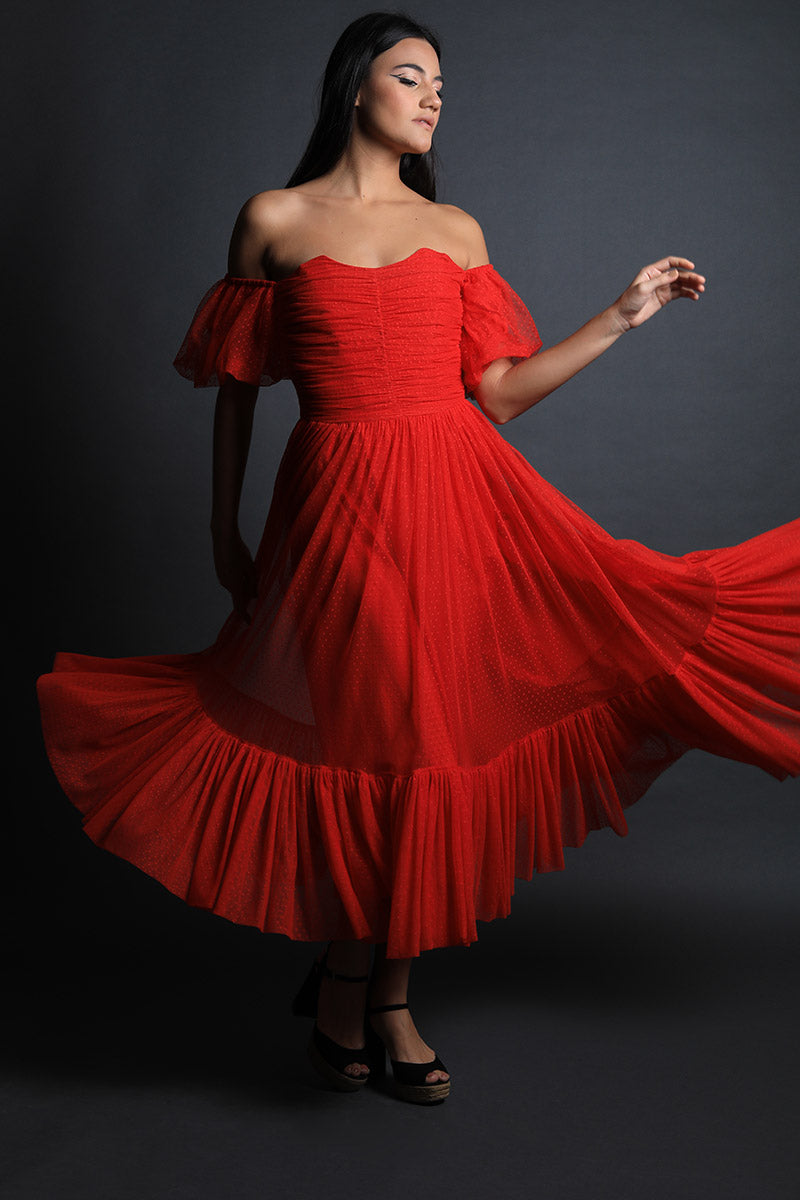 Corseted Polka Lace Dress with off Shoulder Puff Sleeves