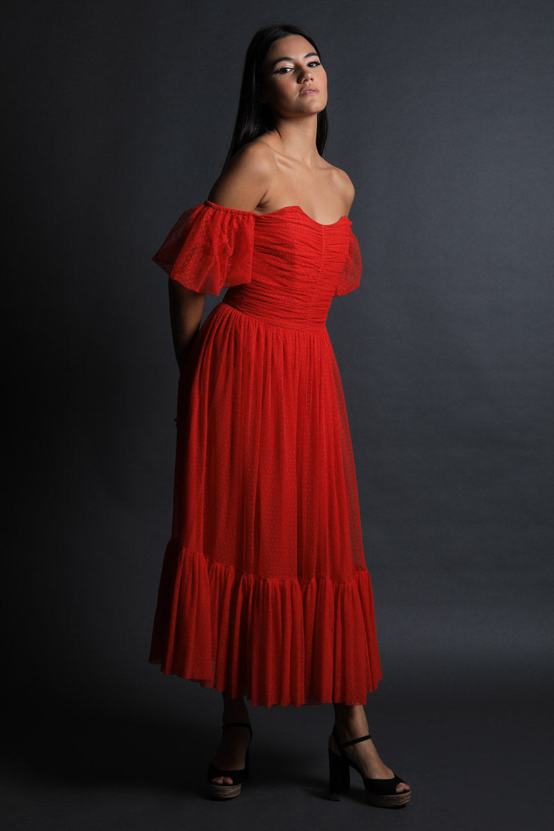 Corseted Polka Lace Dress with off Shoulder Puff Sleeves
