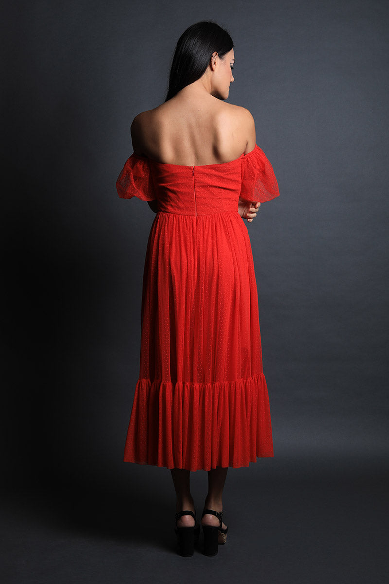 Corseted Polka Lace Dress with off Shoulder Puff Sleeves