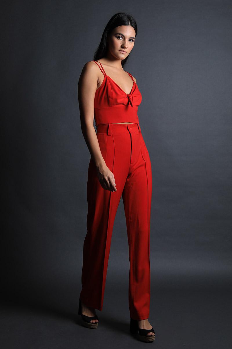 Strap Crop Top With Pintucks Detail Pants Set