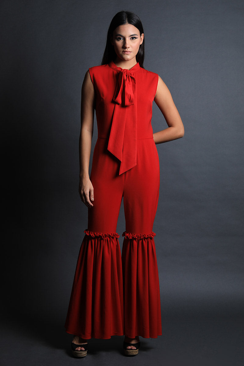 Scarf Collar Jumpsuit With Fit & Flared Pants