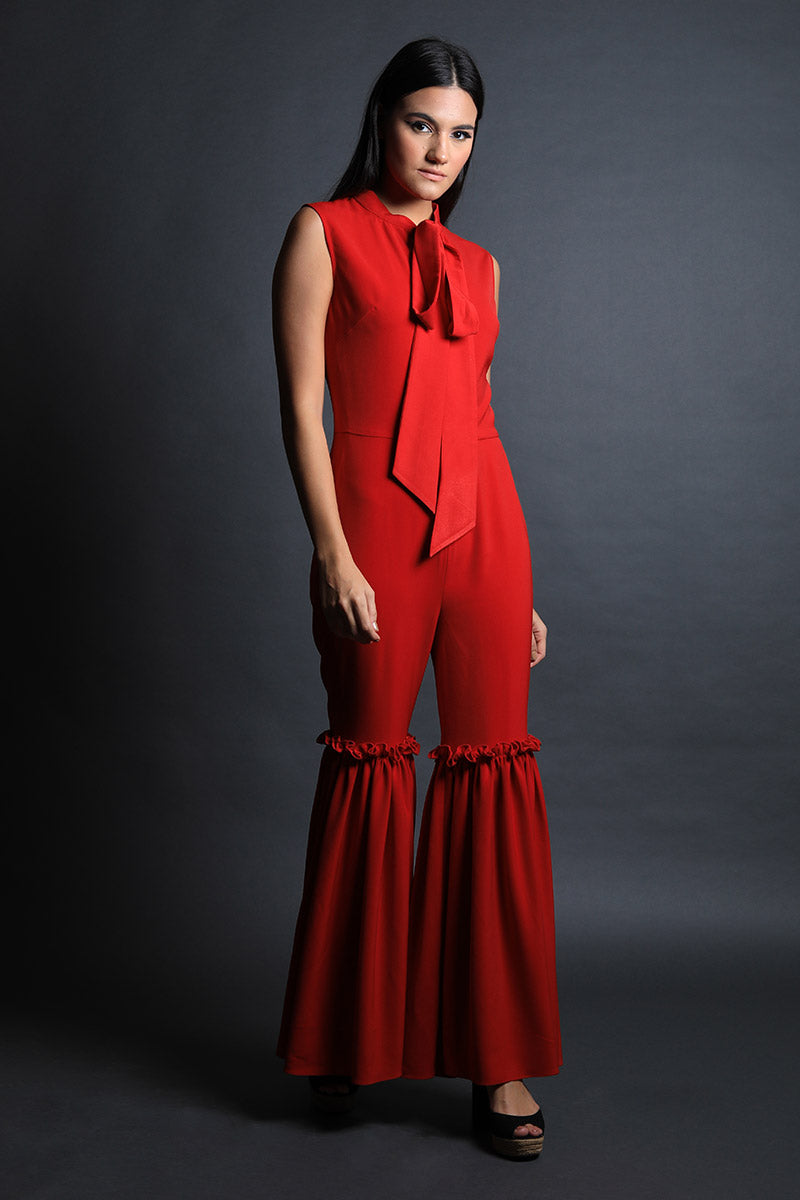 Scarf Collar Jumpsuit With Fit & Flared Pants