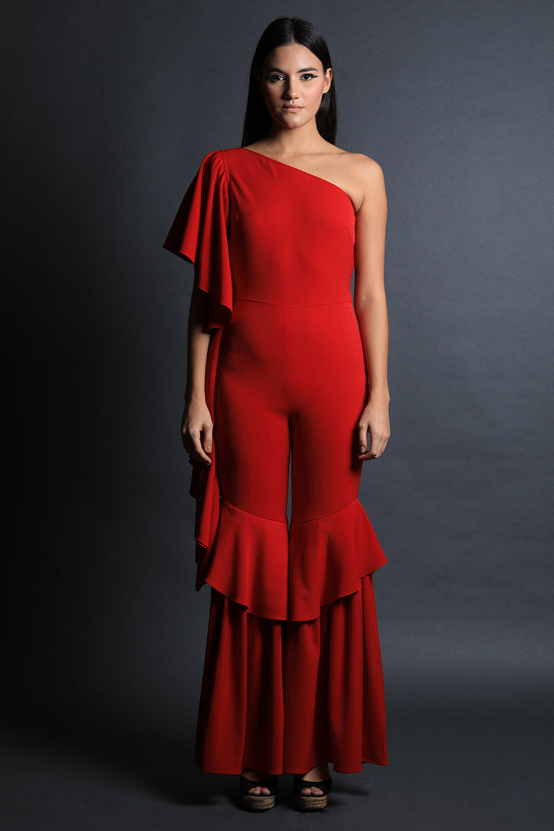 One Shoulder Ruffled Pants Jumpsuit