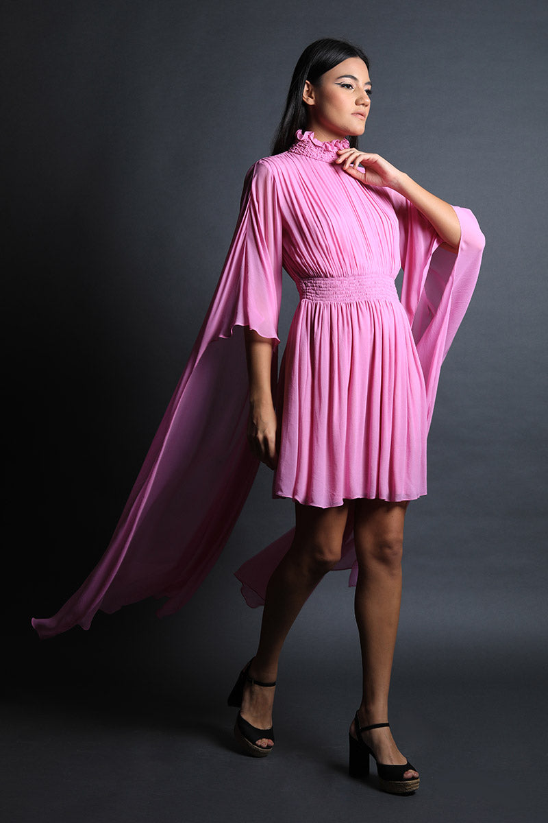Rose Pink Draped Sleeves Ruched Dress