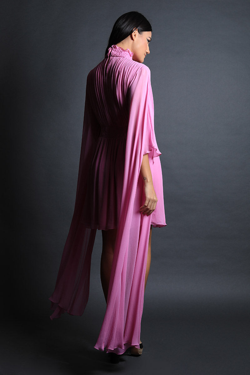 Rose Pink Draped Sleeves Ruched Dress