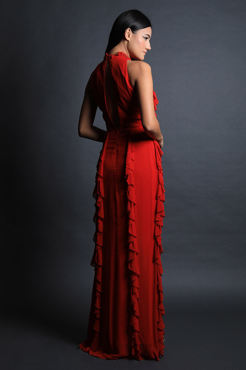 Halter Neck Straight Gown with Frill Texturing