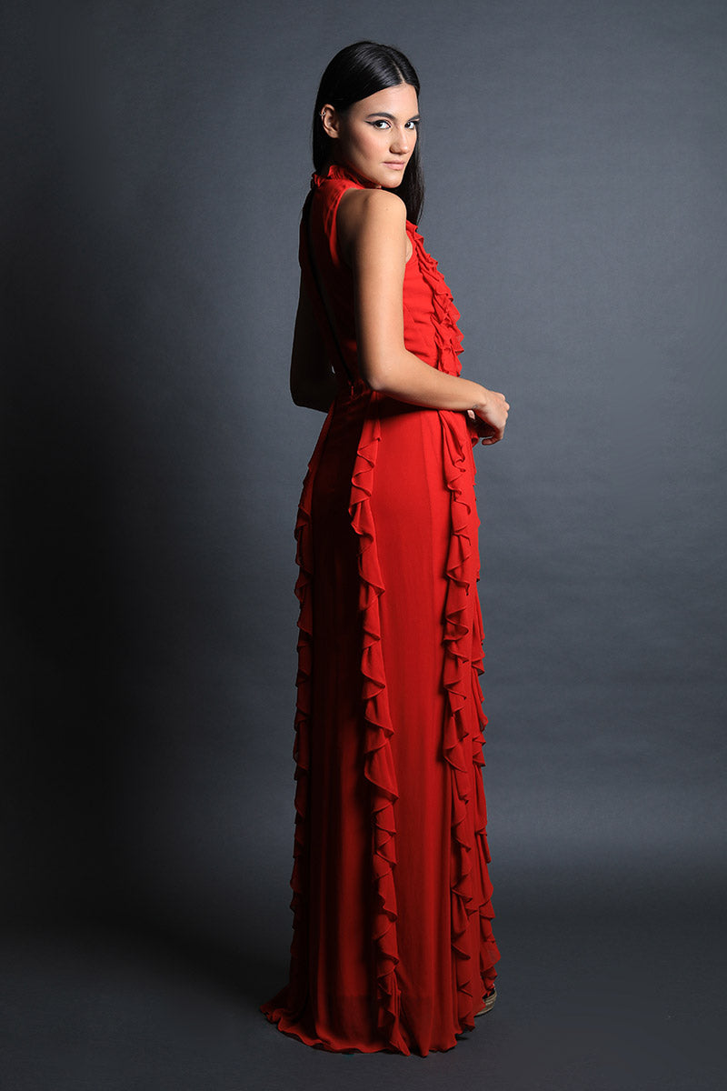 Halter Neck Straight Gown with Frill Texturing