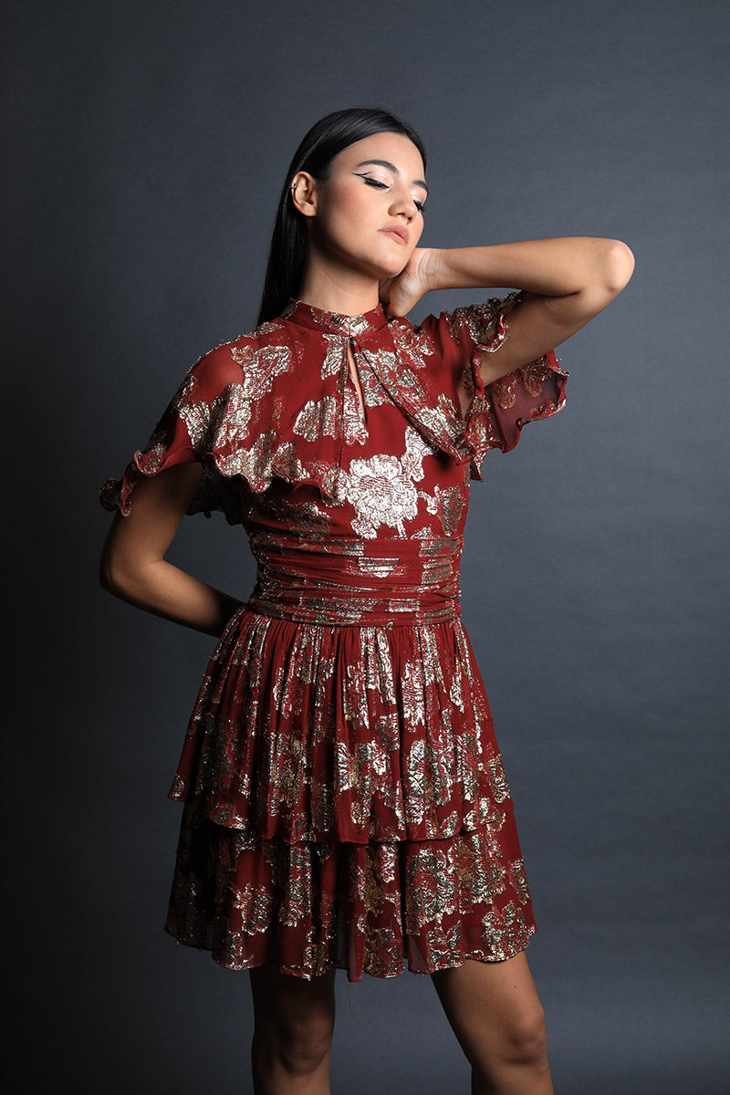 Plum Wine Frill Detail Fit & Flared Dress
