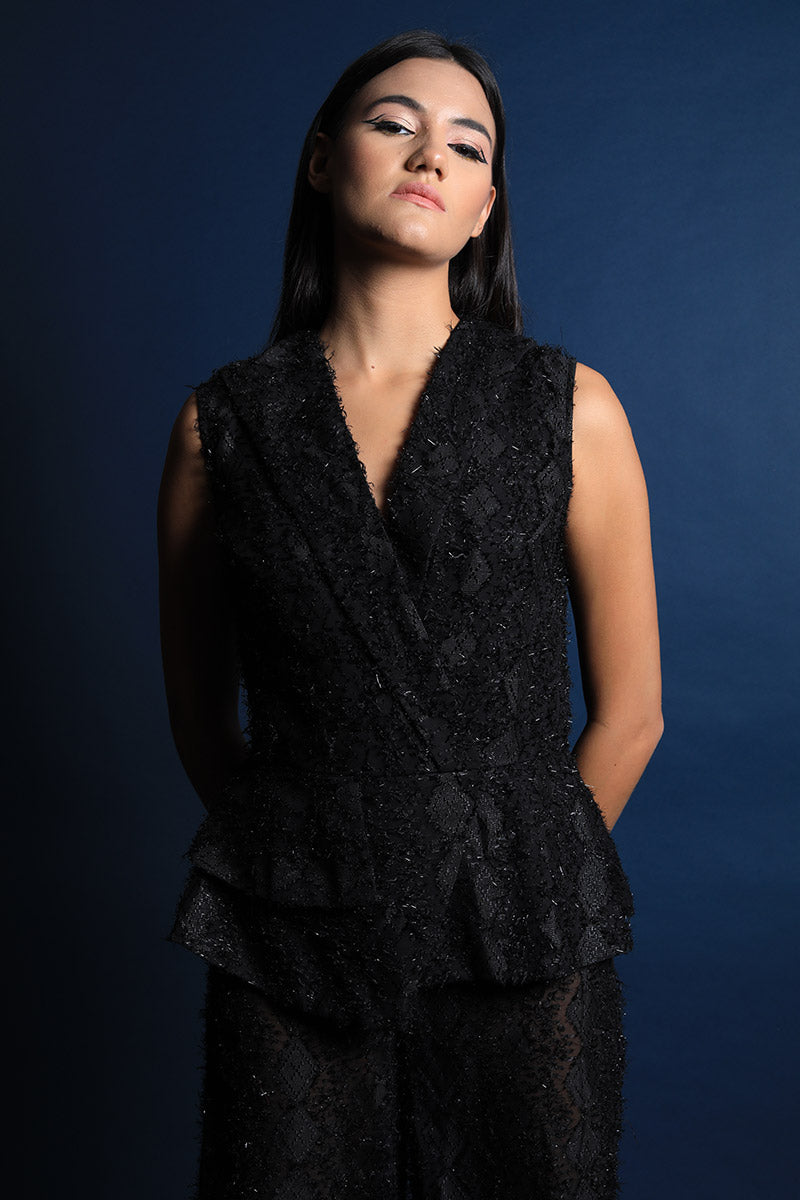 Tuxedo Collar Jumpsuit with Peplum