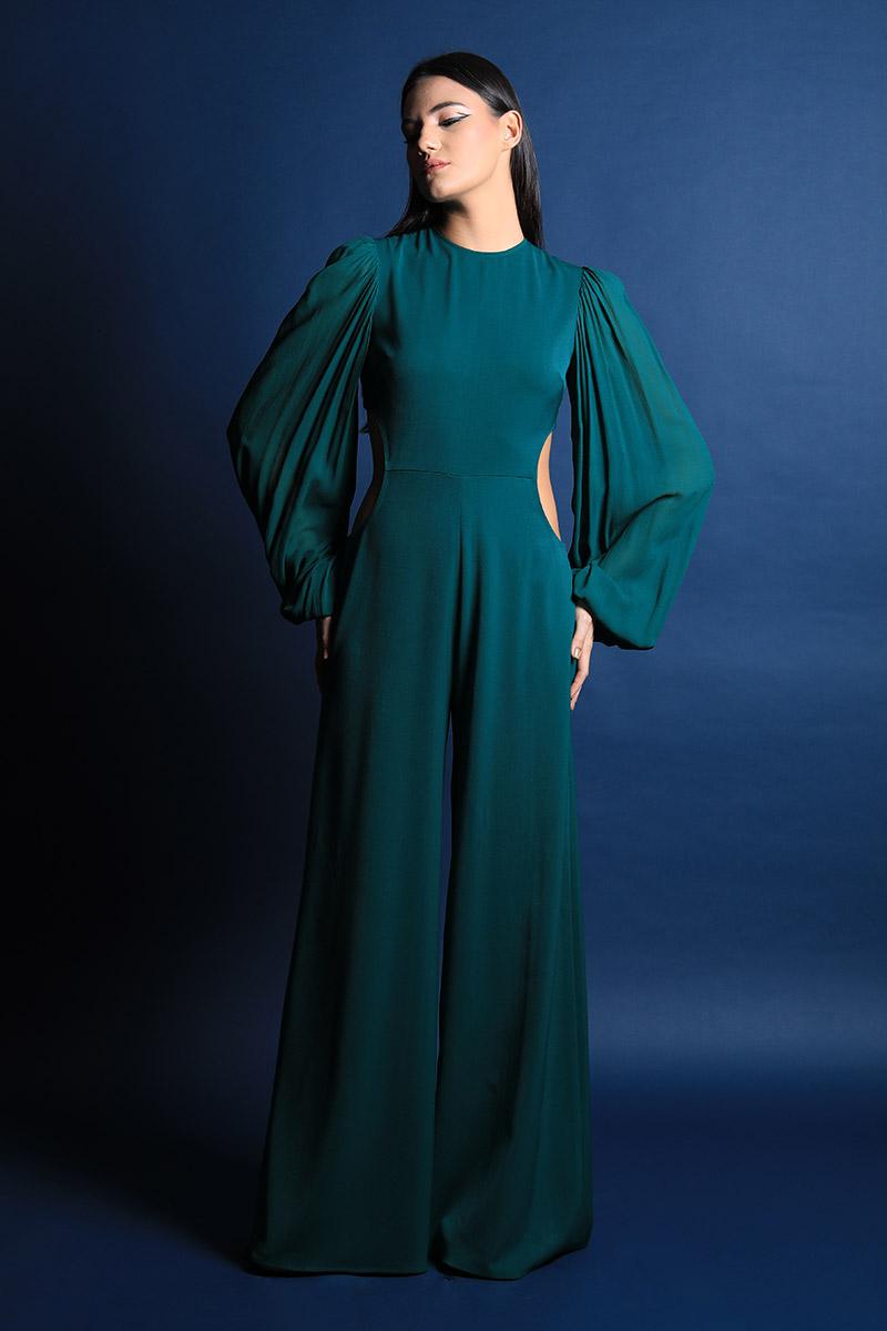Pouf Sleeves Jumpsuit With Cut Outs