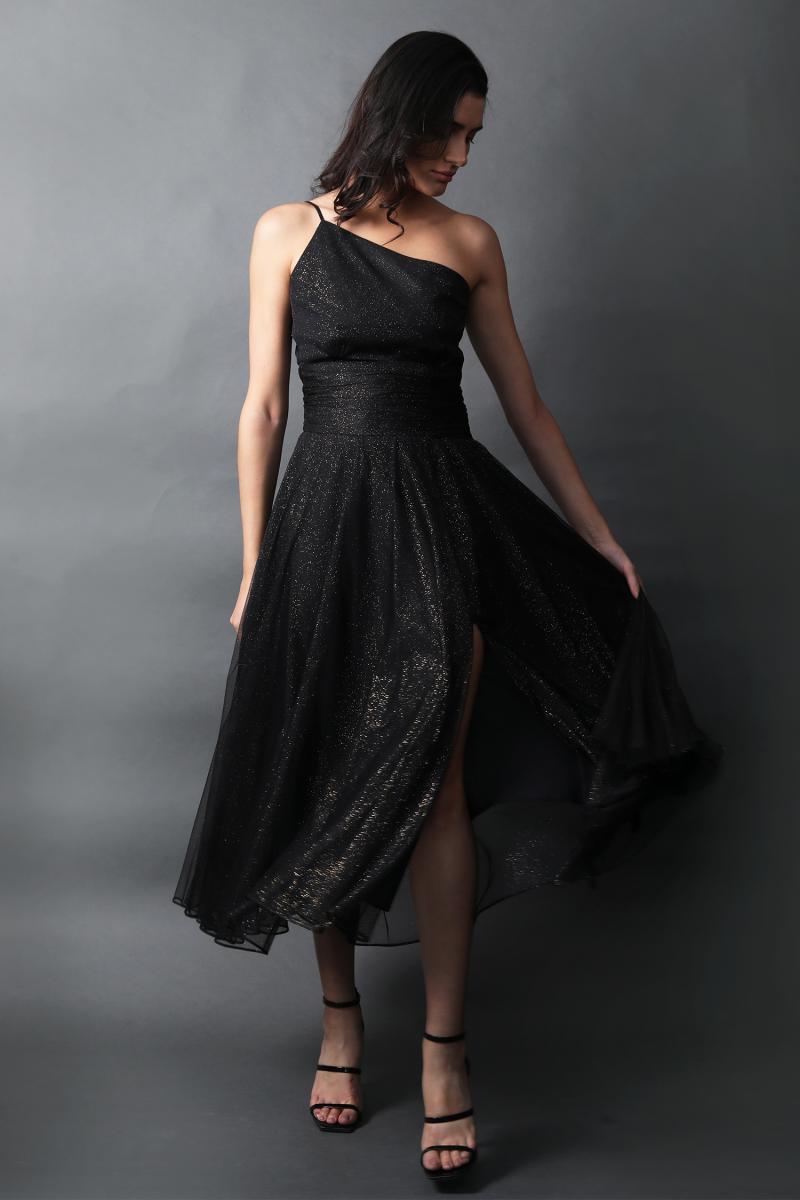 Strappy One Shoulder Flared Dress