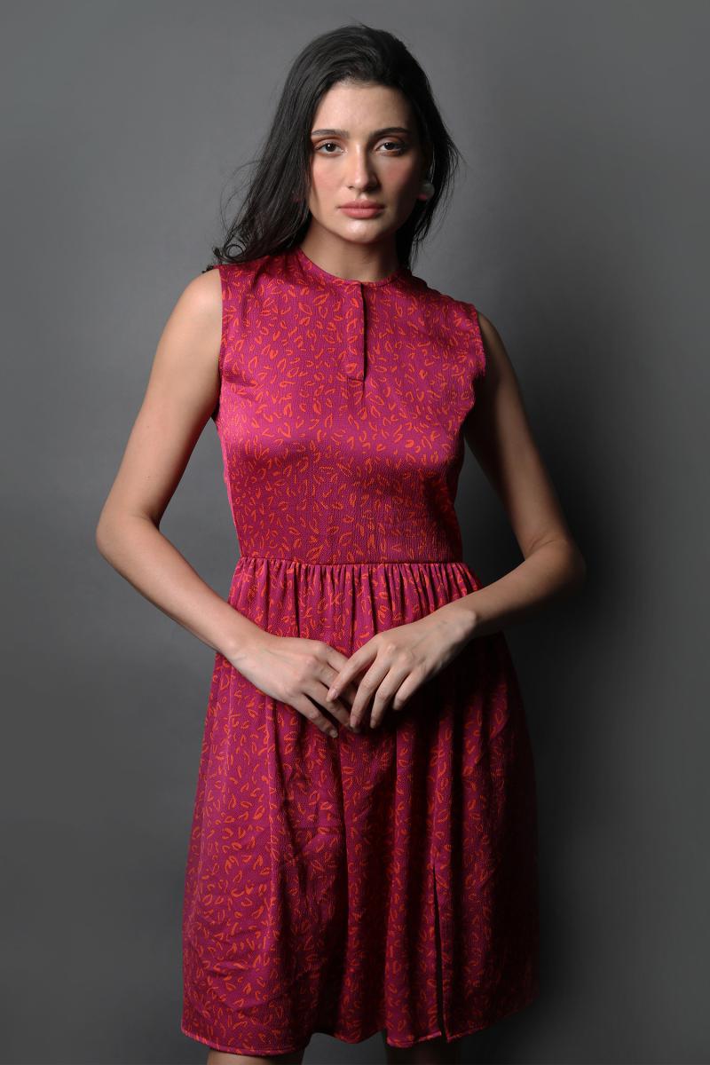 Round Neck Fit & Flared Dress With Slit