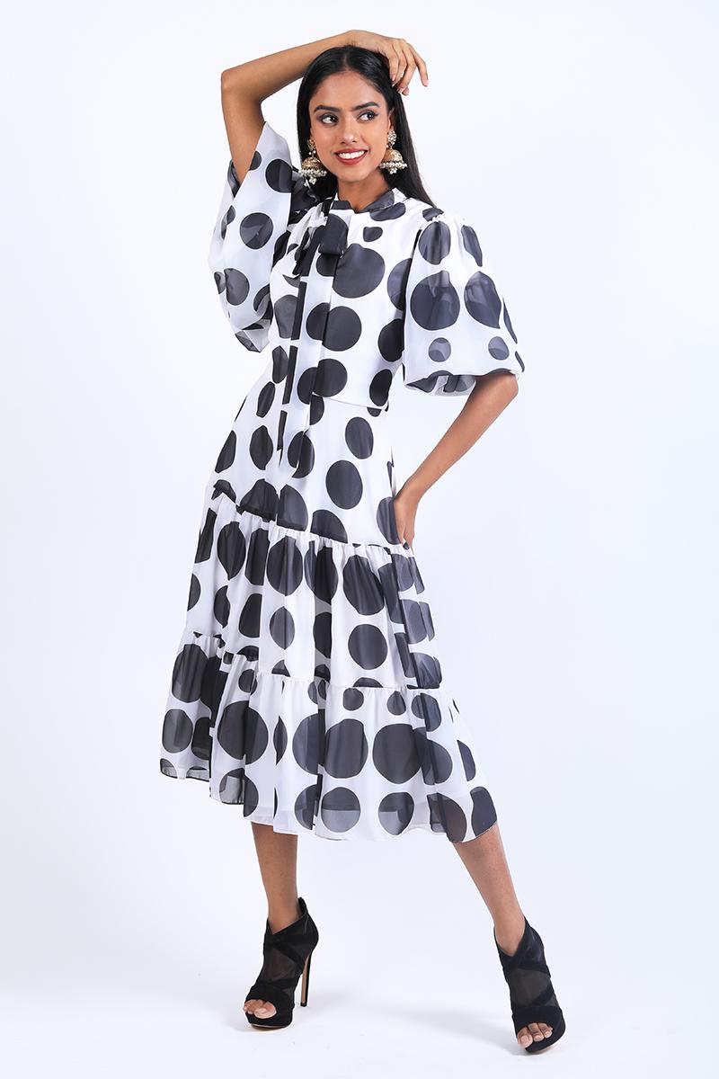 Scarf Collar With Balloon Sleeves Dress