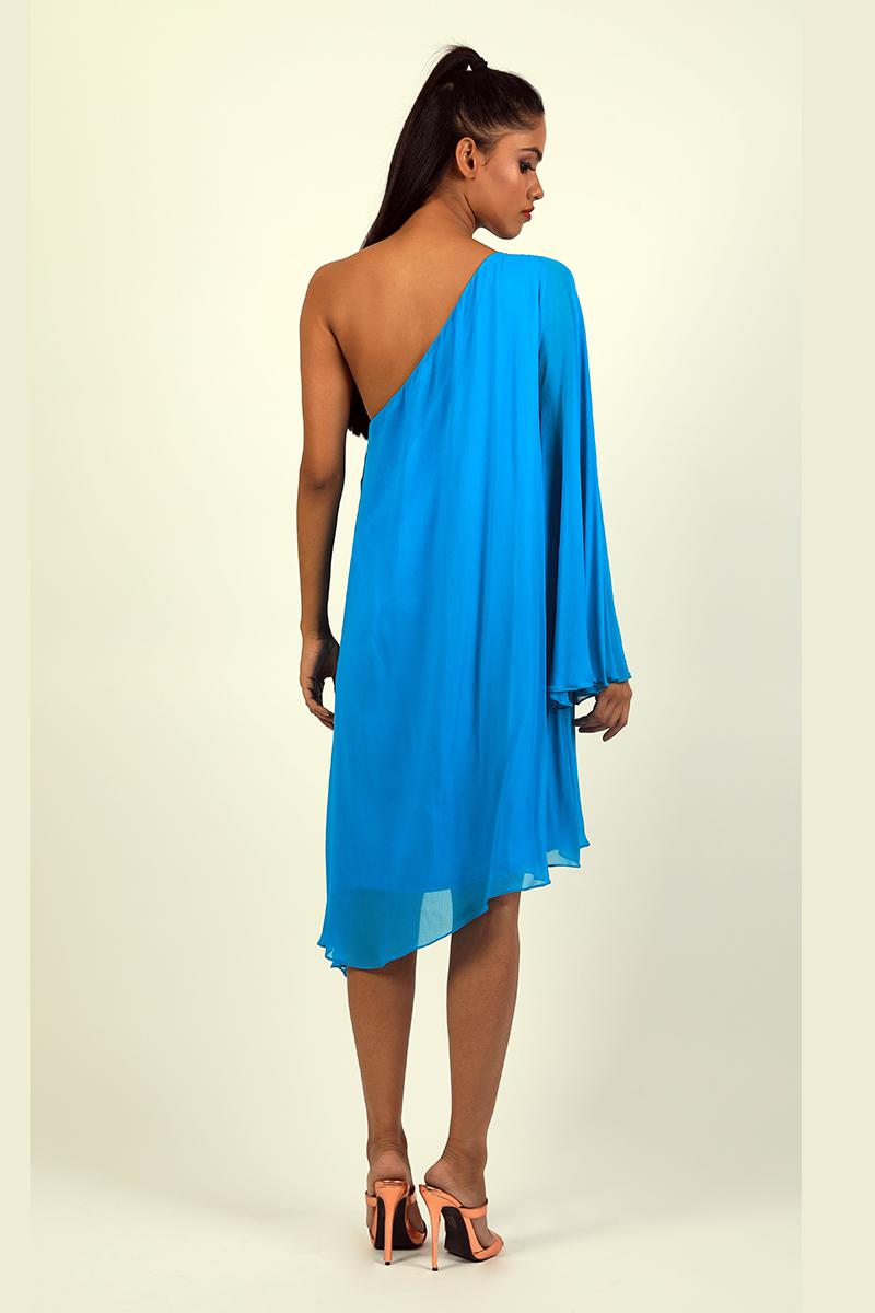 One Shoulder Dress With One Flared Sleeve