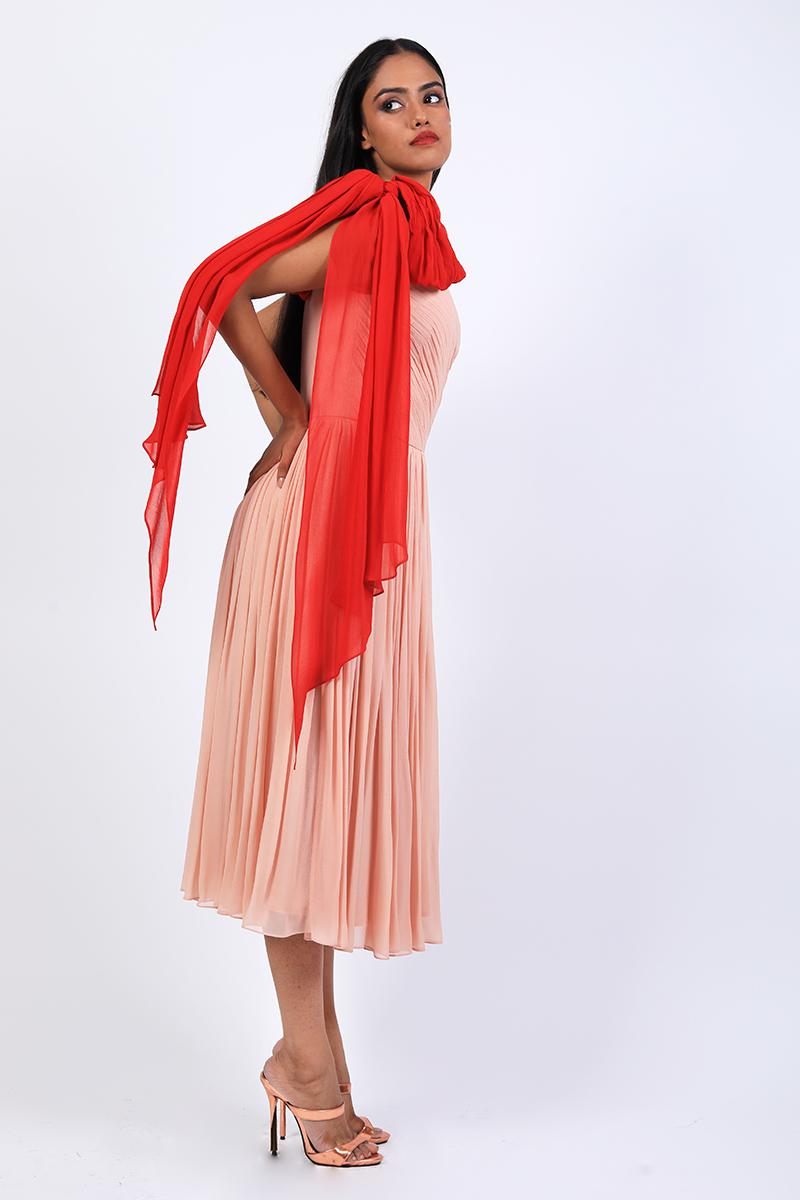 One Shoulder With Block Color Bow Dress