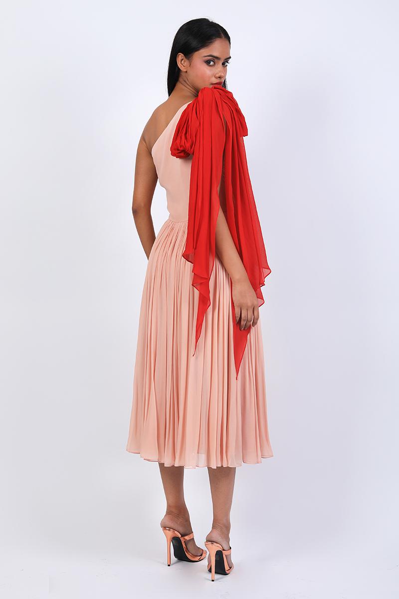 One Shoulder With Block Color Bow Dress