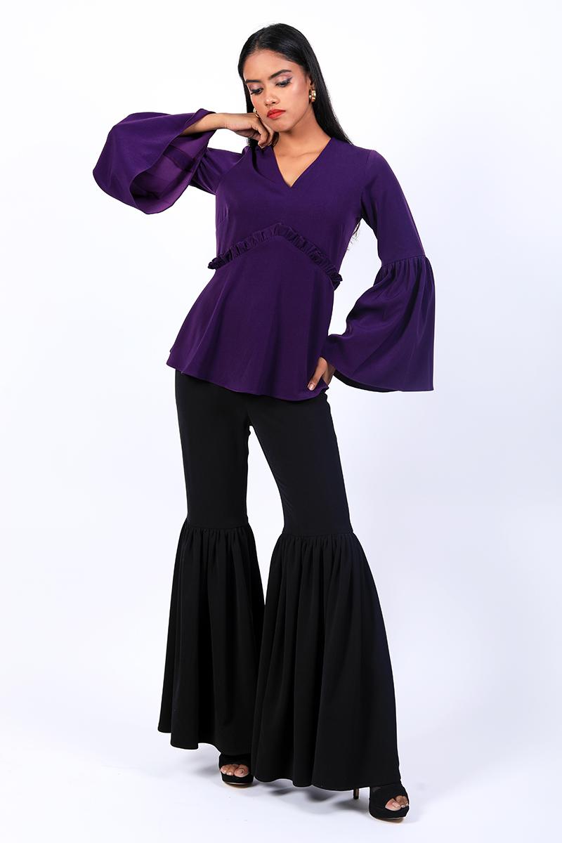 V Neck Top with Full Pleated Sleeves