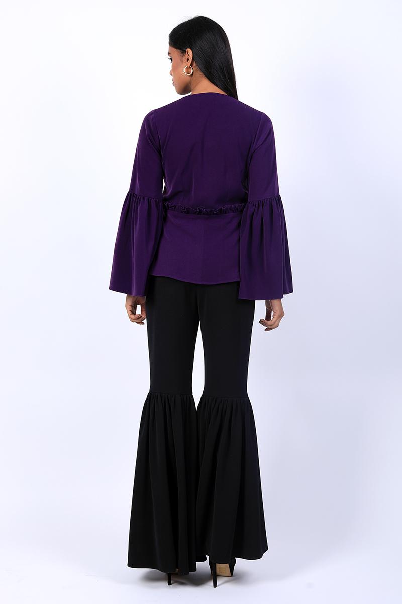V Neck Top with Full Pleated Sleeves
