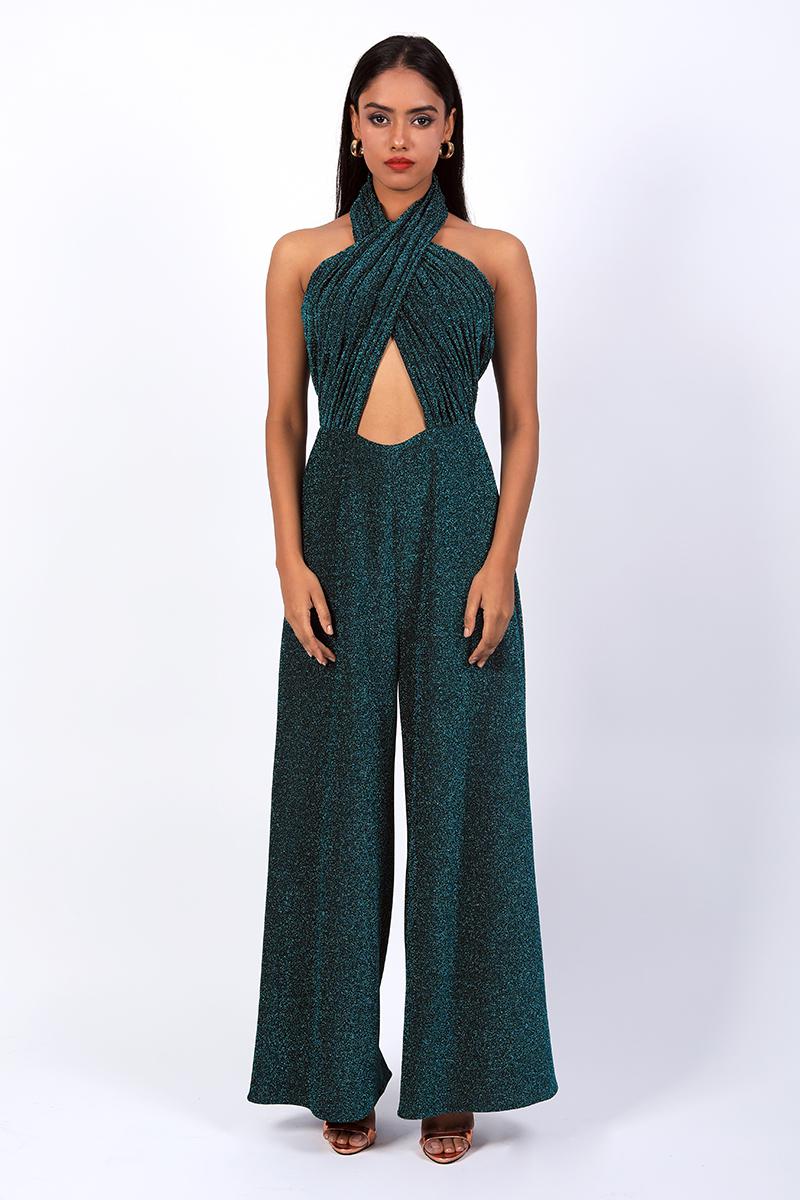 Criss Cross Halter Neck Jumpsuit With Flared Pants