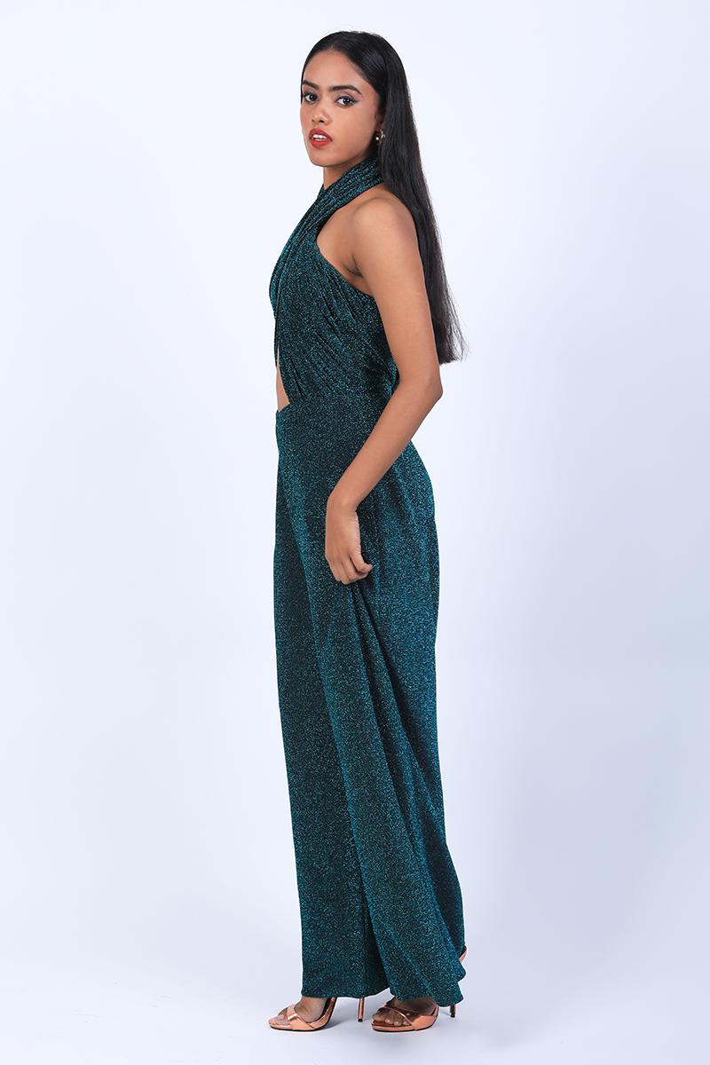 Criss Cross Halter Neck Jumpsuit With Flared Pants