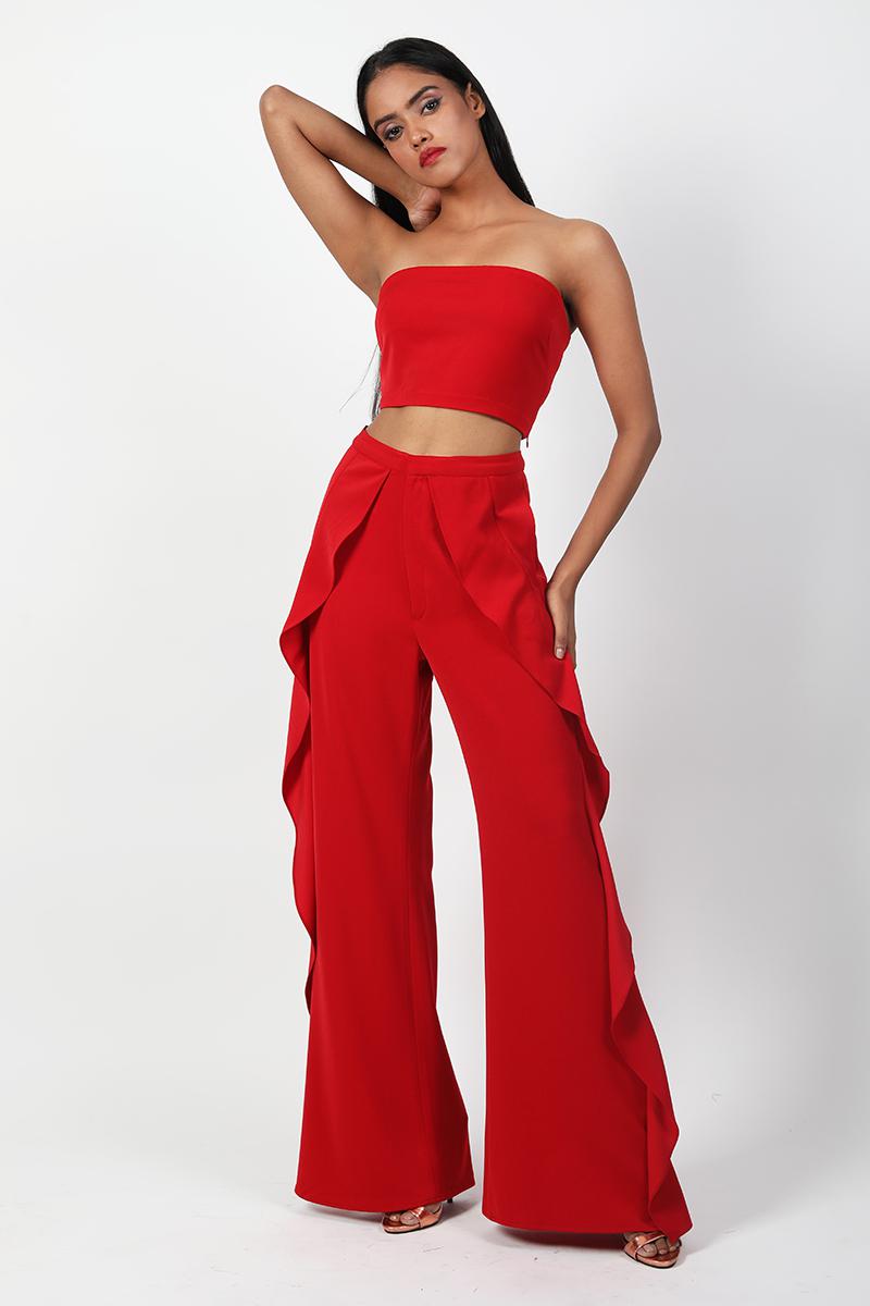 Tube Crop Top And Ruffles Pants Set