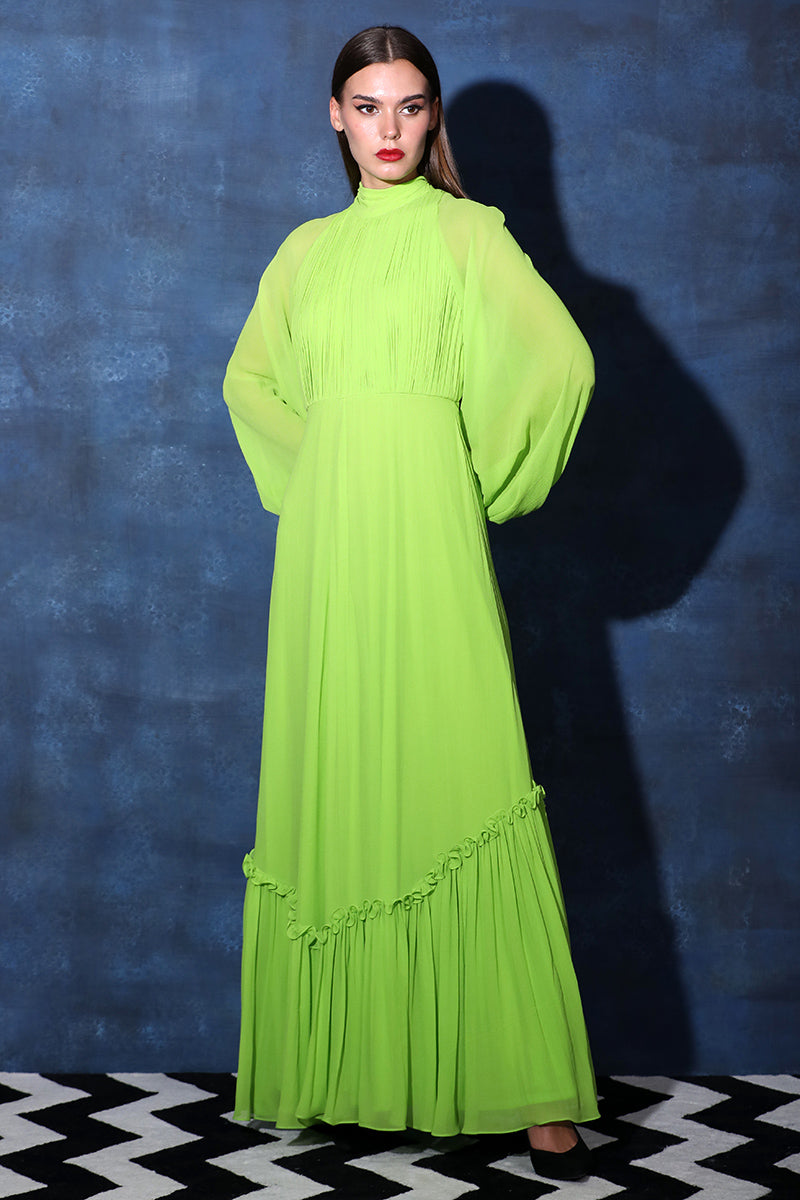Backless Tie Halter Neck Gown with Frilled Hem & Full Puff Sleeves