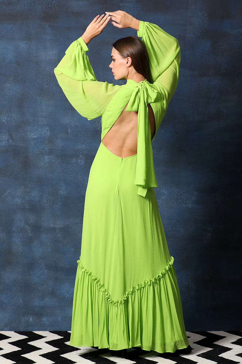 Backless Tie Halter Neck Gown with Frilled Hem & Full Puff Sleeves