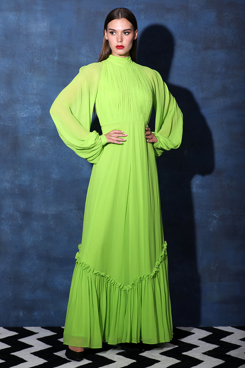 Backless Tie Halter Neck Gown with Frilled Hem & Full Puff Sleeves