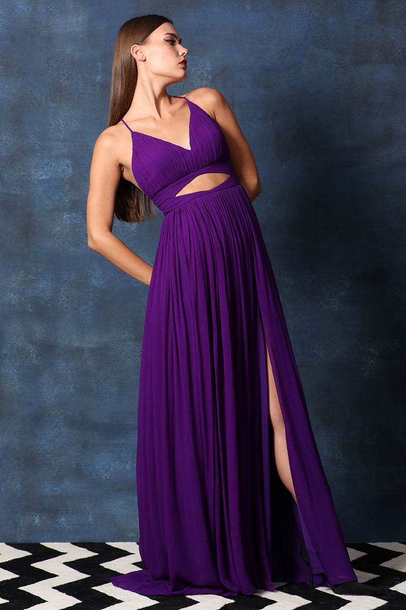 Strappy V Neck Peek a Boo Cut Out Backless Gown with Side Slit