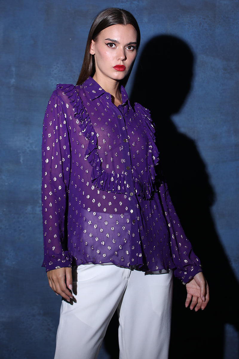 Frill Lurex Textured Full Sleeve Shirt